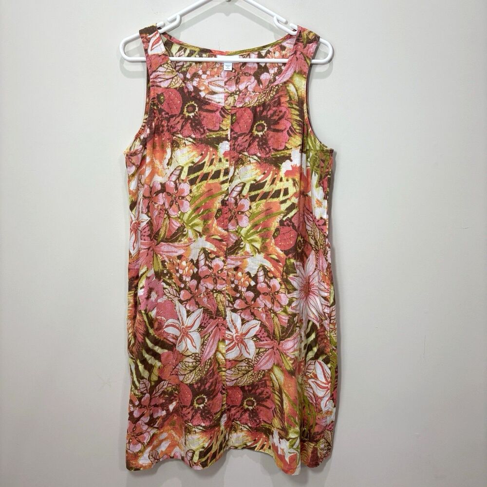 J JILL Love Linen Sleeveless Shift Dress Mp Pink Floral Tropical Lagenlook Beach